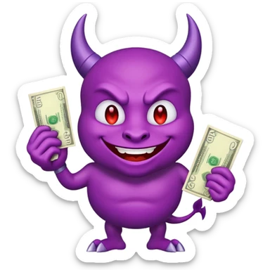 purple devil emoji with money. fun and light hearted, dont make the devil look evil sticker