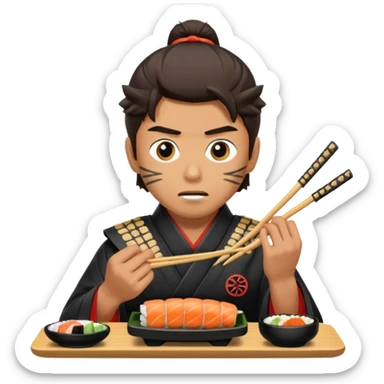 Man with wide eyes eating sushi in a samurai outfit sticker
