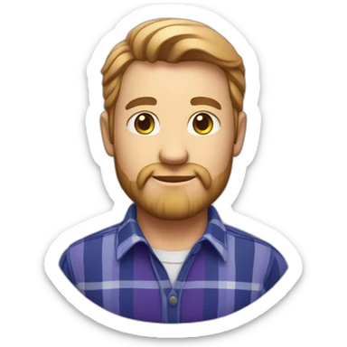 "Avatar of a white man with a light beard, wearing a blue plaid shirt, on a purple gradient." sticker
