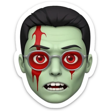 homem zumbi de óculos cabelo preto com muita olheira deixar pele dele verde dentes brancos e olhos vermelhos e ensanguentados deixar óculos quadrado e preto e olhos cheio de veias vermelhas piercing em todo rosto piercing prata colocar risco nas duas sobrancelhas e colocar lábios em sua boca sticker