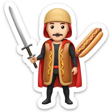 Middle aged attractive man wearing a hot dog costume wielding a katana sticker