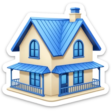 a creamy-colored house with blue trim and a blue roof sticker