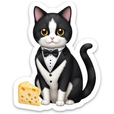Tuxedo cat with cheese sticker