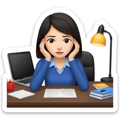  iOS emoji style - An overwhelmed woman sitting at a desk. She has dark hair. sticker