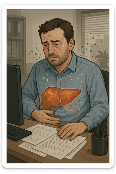 Man sitting at office desk experiencing subtle symptoms of liver dysfunction, upper abdominal pain, nausea, and unexplained fatigue Parasites: Types, Symptoms, Treatment & Prevention, expression of confusion about vague health issues, liver shown in transparent overlay with early inflammation, toxins beginning to accumulate in bloodstream, productivity declining as liver struggles to filter properly sticker