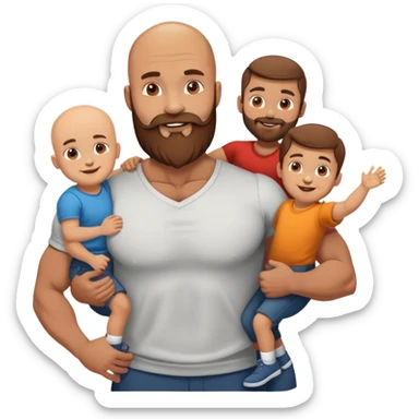 Happy Muscular Bald beard man with his wife long brown hair and 3 sons sticker