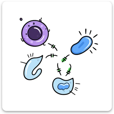 Antimicrobial action diagram: purple bacteria with detailed cell structure being attacked by blue shield-shaped antimicrobial molecules. Green arrows showing points of attack on cell wall and membrane. Hand-drawn scientific illustration with color-coded components. sticker