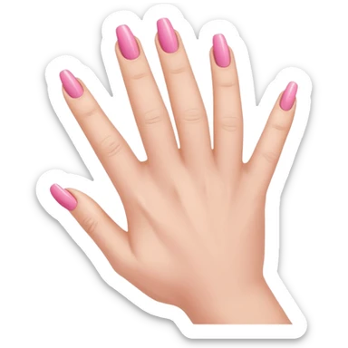  pink  close-up of a human hand with exactly five fingers, beautifully manicured nails, glossy pink nail polish, elegant nail shape, soft lighting, realistic style, isolated on transparent background" sticker