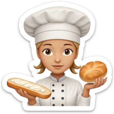 Young female baker - white chef hat, framing white cream pattern on bread sticker
