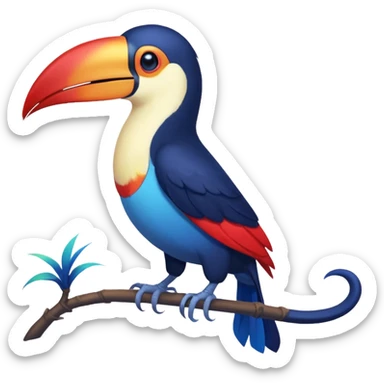 Blue tropical toucan-fakemon-bird, with red long beak, with a short blue lizard-tail curled inwards, Genshin Impact’s Dusk Bird sticker