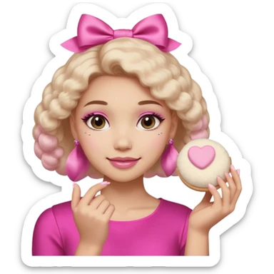 female face, light skin tone, small simple closed smile. One hand visible holding a round fluffy pink makeup powder puff pressed to the cheek; the puff has a small satin bow. sticker
