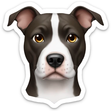 An amstaff pittbull with raised ears, all black, with brown eyes and white paws, and a white spot on his chest sticker