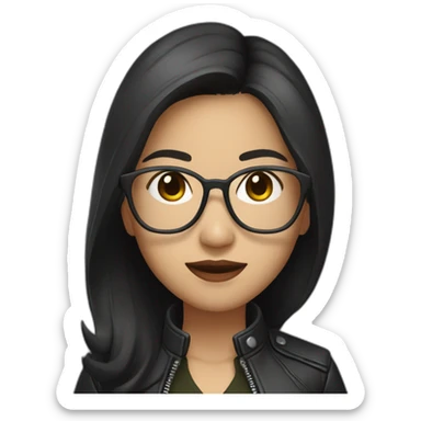 asian woman with glasses and a leather jacket with a shirt and long dark hair sticker