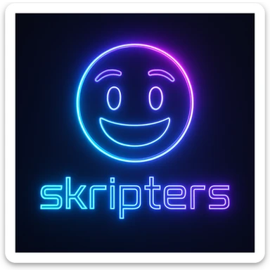 sleek neon-themed emoji logo with the word 'skripters' in a futuristic font, glowing with blue and purple hues sticker