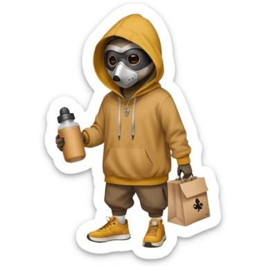 Crear ub mapache que sea solo dibujado con sudadera color mostaza y zapatillas + gorra que esté robando un hoy doy con cara de plaga y packaging que diga Rocco sticker