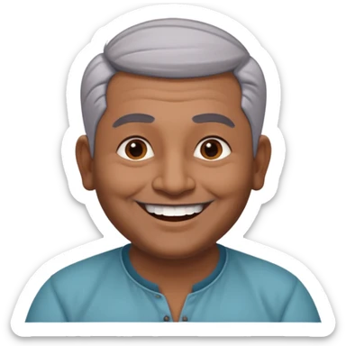 50 yr old indian man, dark skin, grey hair, big smile, white teeth, chubby, no moustache, clean shaven, young style hair, bindy, hair brushed up sticker