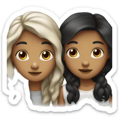 Two white best friends hugging one with wavy black hair and the other with straight brown hair sticker