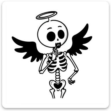 angel skeleton saying 'sh', expressive, clear pose, hand drawn doodle style sticker