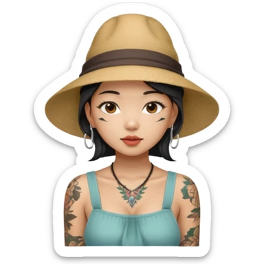 asian girl with neck tattoo and 2 string dress, bib boobs, fashion hat sticker