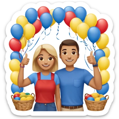 party table decorated with red blue and yellow colors, including a backdrops, balloons arch, streamers and more. On the table are intricate displays of colombian arepas, and baskets of money. In the forefront is a woman and man in simple clothing, big smiles and big thumbs up sticker