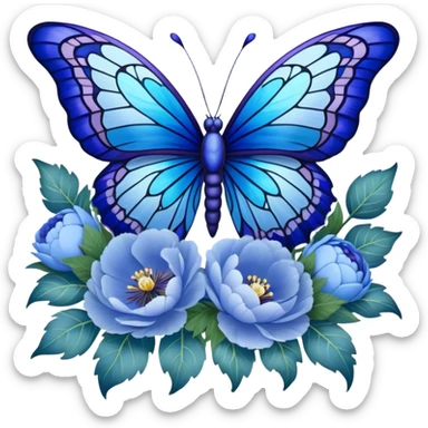 A radiant butterfly with ocean blue and periwinkle wings, adorned with intricate patterns resembling stained glass, fluttering around a bouquet of lush, ruffled pastel blue peonies and velvety royal blue pansies, resting on a vintage lace tablecloth. sticker