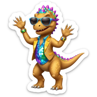 Un dinosaurio bailando con outfit disco y gafas oscurass. sticker