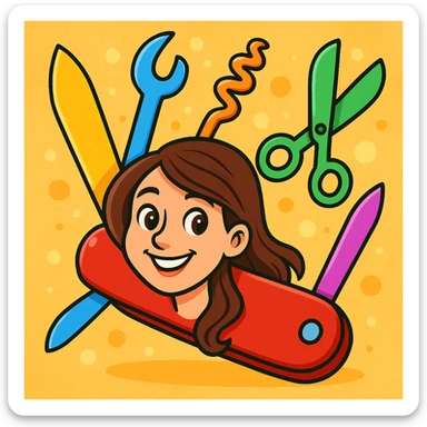 a playful and colorful cartoonish swiss army knife with a brunette woman with light brown eyes sticker