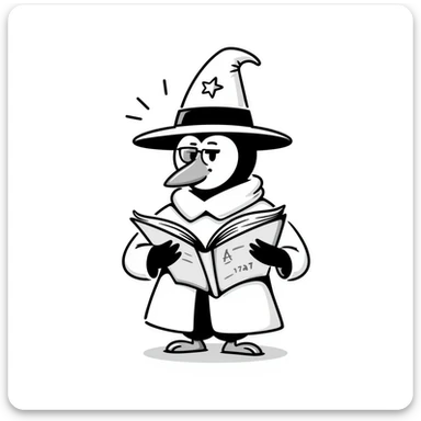 hand-drawn doodle of a penguin wizard with big hat and book of spells sticker