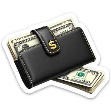 Rich emoji style black leather wallet with dollar bills, luxury money vibe, premium 3D emoji, ultra clean, high detail, no background
 sticker