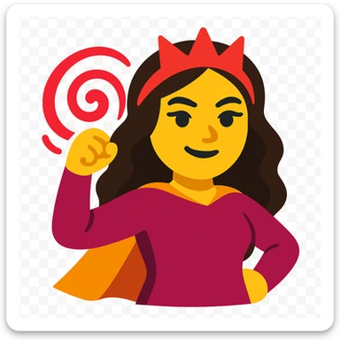 Transform this person into a magical heroine emoji with a red crown-like headpiece, swirling red energy, and a confident pose. Vibrant colors sticker