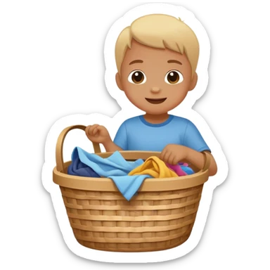 child dropping dirty clothes into a basket, cheerful and responsible sticker