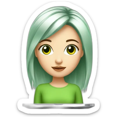 beautiful girl with computer,green eyes,beautiful girl with short read hair with computer, sticker
