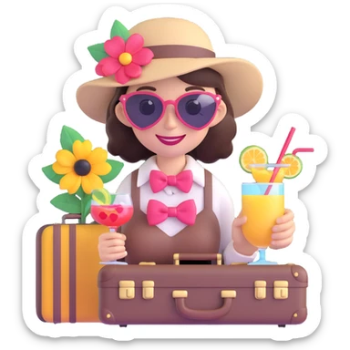 3D emoji of a smiling, feminine face with big eyelashes, no body, colorful and friendly, romantic style, with feminine accessories like bow, sunglasses, hat, cocktail, camera, suitcase, flower, heart, star, motif: heart, transparent background sticker