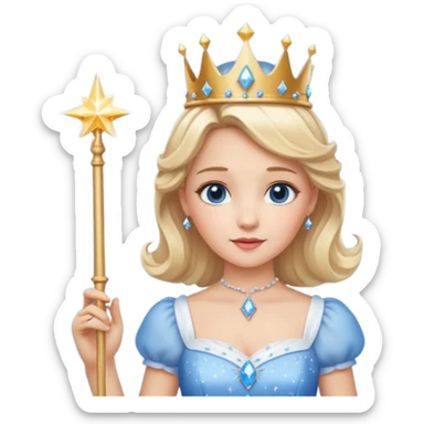 dorothy queen blonde hair, white dress with magic wand, rounded sparcle, and crown on head.Decolded blue dress sticker