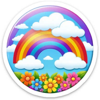 A round psychedelic colored button with a bezeled rainbow with clouds and colorful hippie style flowers sticker
