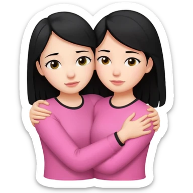 Two girls with black hair, one wearing white shirt and the other wears pink shirt, hugging each other romantically  sticker