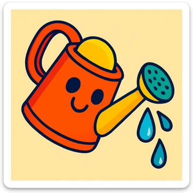 a watering can tipped with water dripping out, playful cartoon style sticker