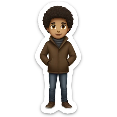 winter, christmas, hispanic, afro hair,  boy, short hair, brown eyes, child, full body, brown coat sticker