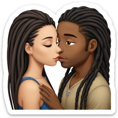 Latina Woman with long hair kissing a young black guy with dreads chin hair sticker