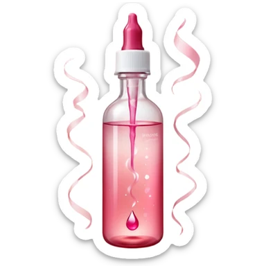 Translucent reddish-pink dropper bottle with white cap and minimal label, glowing softly. Floating in a faint red aura with swirling light ribbons and tiny peeling sparks lifting upward. by shimmer flakes, symbolizing cell renewal. Feels like a silky exfoliation elixir sealed in a potion vial  sticker