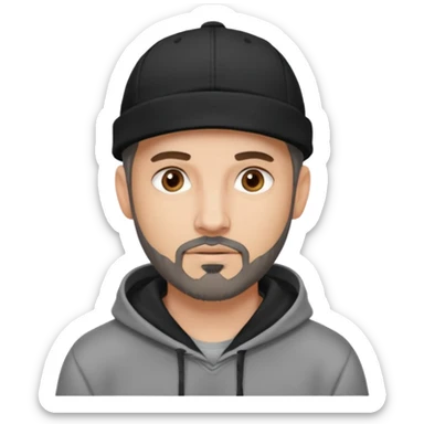 Hombre de ojos claros, con barba fina y perilla, gorra negra bordada, y sudadera gris. Expresión relajada y estilo urbano. sticker