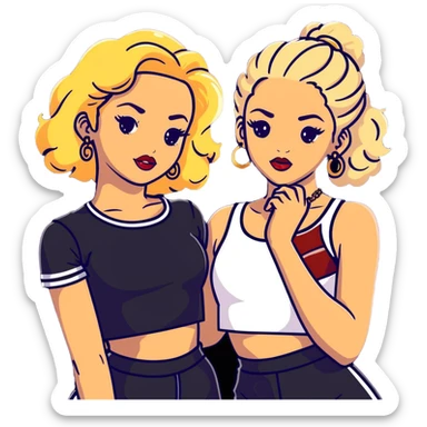 Two teenage girls together, one white with blonde hair and one brown-skinned with curly dark hair, both with heavy makeup, big lips, crop tops, gold jewelry and flashy choni style outfits sticker