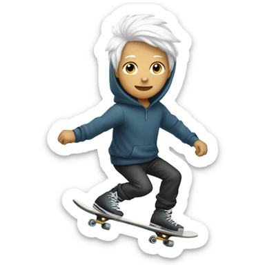 A boy white hair use hoodie and skate sticker