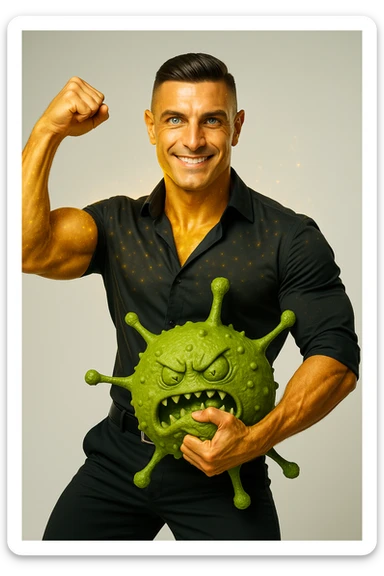 Un uomo atletico (30-40 anni) dalla pelle perfettamente liscia, senza cicatrici o imperfezioni, che emana un leggero bagliore dorato (metafora degli anticorpi).
Occhi brillanti con riflessi blu-verdi (simbolo di salute estrema).
Postura eroica, con un braccio sollevato in un gesto di forza, mentre con l'altro tiene un batterio gigante schiacciato come se fosse un mostro sconfitto. sticker