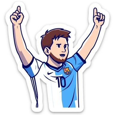 lionel messi celebrating with arms raised wearing a blue and white jersey sticker