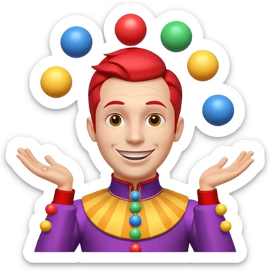circus juggler portrait, head and shoulders only, colorful outfit collar, playful grin, juggling balls visible near shoulders, 3D cartoon, mobile game icon style, clean background, no text, no watermark
 sticker