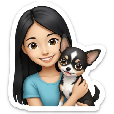 Smiling Thai girl with long black hair petting a tiny black and white Chihuahua sticker