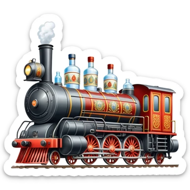 A locomotive train with vodka bottles and Russian elements from Moscow sticker