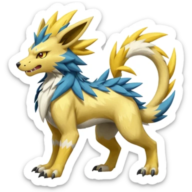 Scaly rough angry serene Asian painted Zeraora-Manectric-Solgaleo-Electrike-Furfrou-Fakemon-fusion, full body sticker