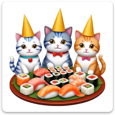 Cats gathered around sushi at a birthday party sticker